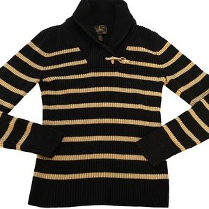 Ralph Lauren Vintage Black Metallic Gold Striped Shawl Collar Gold Clasp Sweater